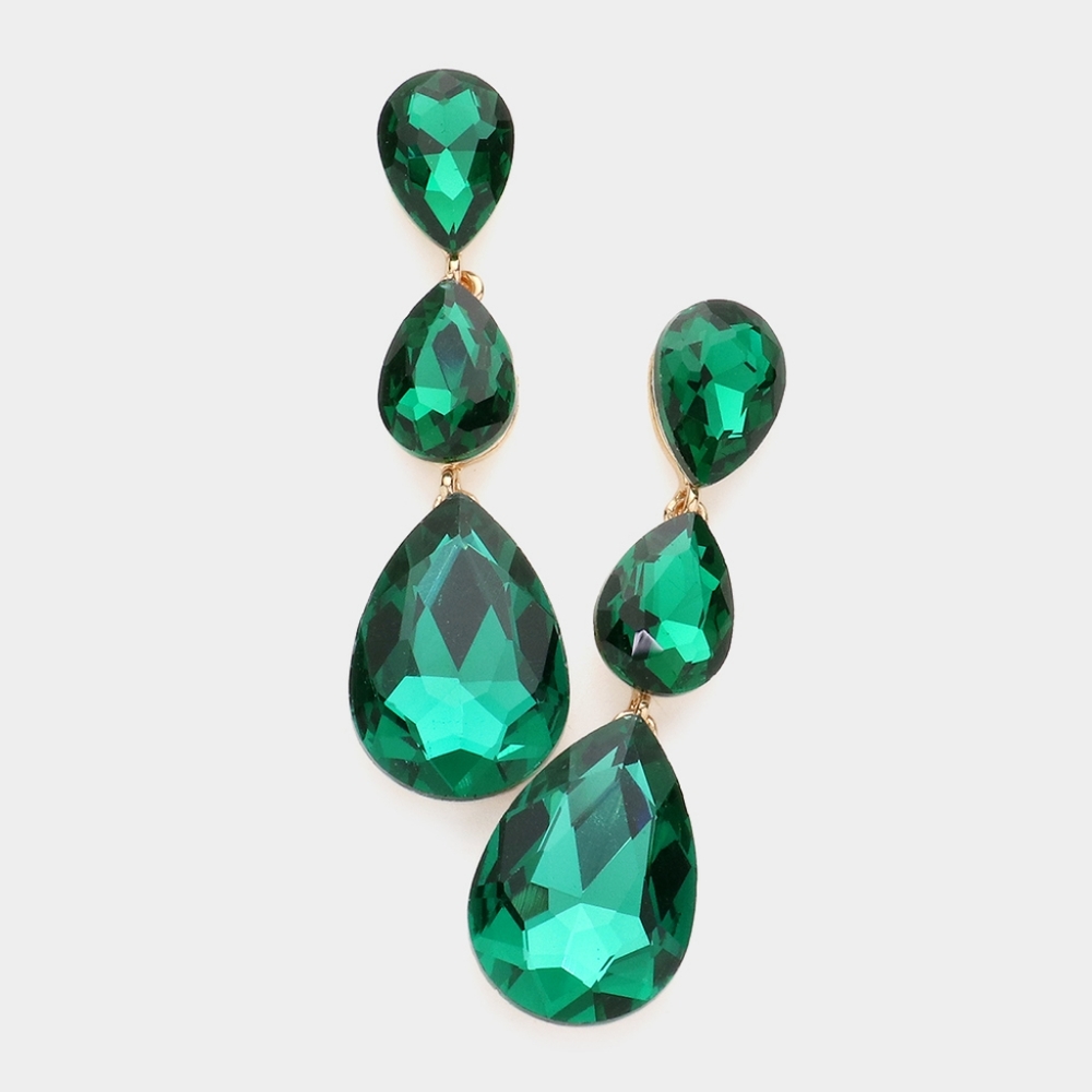 Green Dangle Crystal Earrings 2.75 Inch Triple Tear Drop Jewelry